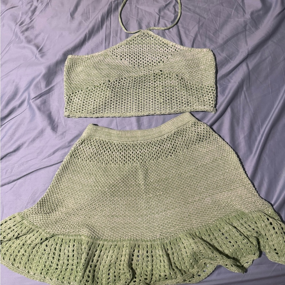 Green Knit Halter Skirt Swim Coverup